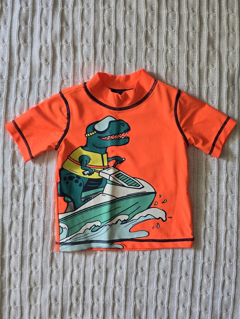 Carter's Bright Orange Rashguard with Dino on Jet Ski - Size 12M